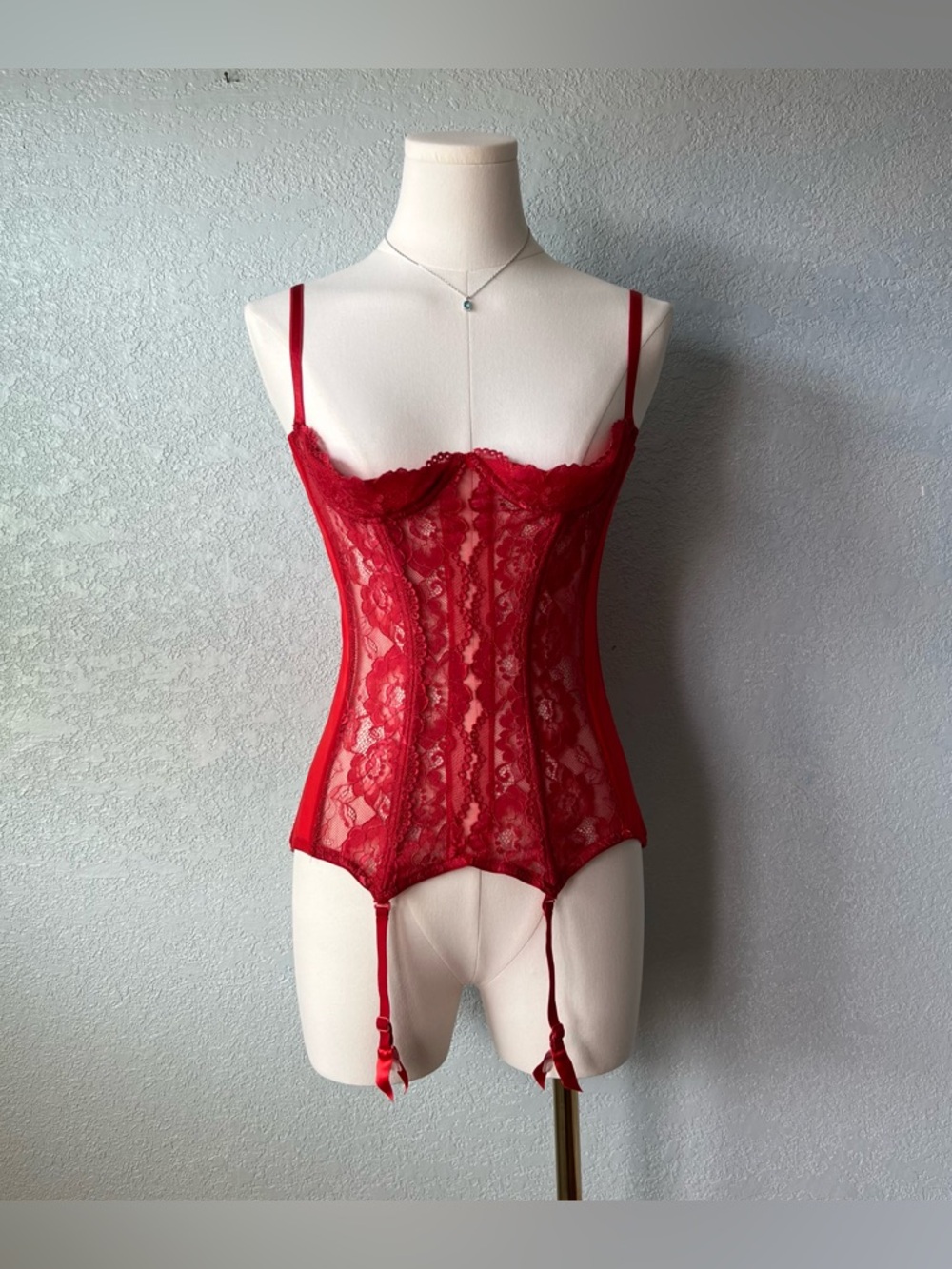 Y2K French Red Lace Corset Bustier Lingerie Coquette Sheer Garter Top Size 32B